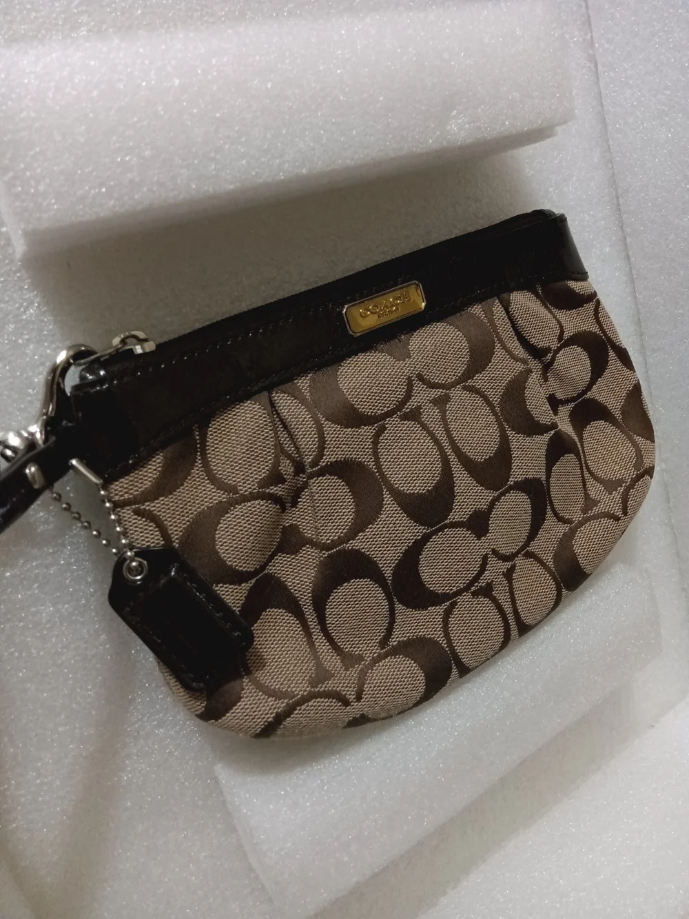 Coach Brown Signature Canvas Wristlet with Dark Trim